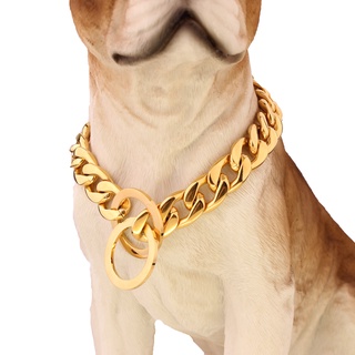 Coleira de aço inoxidável de ouro cubano de corrente de cachorro 15mm forte para cães grandes ou pequenos Gargantilha de corrente em P para cães Pitbulls