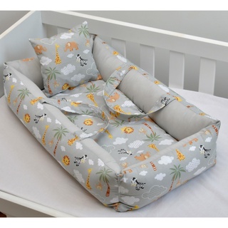 Ninho Redutor de Berço Com Alça e Travesseiro Bebê Menina/Menino Safari Cinza e Almofada de Amamentação (3)
