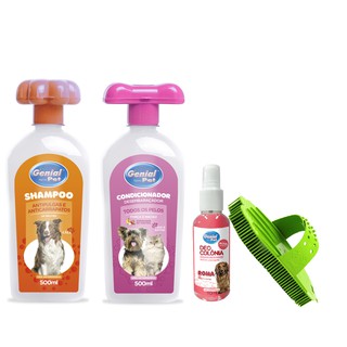 Kit Banho para Cães e Gatos - Shampoo Condicionador Todos os Pelos Colônia e Escova Veterinária Produtos Pets para Cachorro e Gato Genial Pet (1)