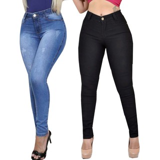Kit 2 Calças Cós Alto Jeans Feminino Com Elastano Até o Umbigo Skinny Veste bem Modelagem Levanta Bumbum
