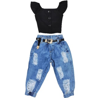 Conjunto infantil cropped e calça jeans jogger destroyed roupa de menina mini diva modinha (1)