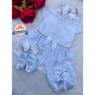Vestido Luxo Rn A 12 Meses Renda Baby Kit 5 Pç Menina Laço (3)