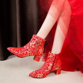 Bota Feminina Vermelha / Bordada / Estilo Chinês / Sapatos De Casamento Com Borlas / Estilo Étnico / Salto Alto (3)