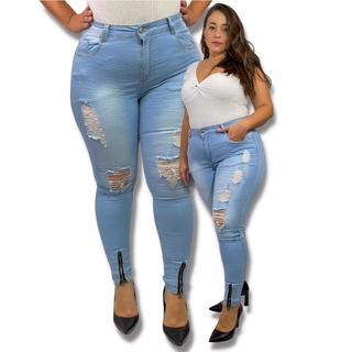 Calça Feminina Plus Size Jeans Colorida Elastano Premium Azul Ceu Ziper