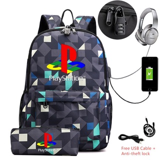 Mochila de lona com estojo para playstation 2, bolsa escolar com carregador usb para laptop e escola