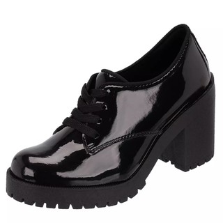 Sapato Oxford Coturno Cano Baixo Feminino Preto Tratorada