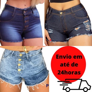 Short Jeans Feminino Com Lycra Elastano Short Barra desfiada Cintura Alta Hot Pants Destroyed 4 Botões
