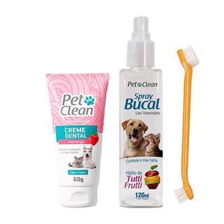 Kit Pasta de Dente Creme Dental + Spray Bucal Pet Clean + Escova Escova de Dentes Cães e Gatos