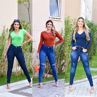 Kit 3 Calça Jeans Feminino Modelo Skinny Com Cintura Alta Fashion