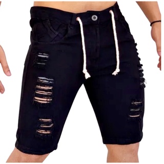 Bermuda Jeans Destroyed Preta Elastano Laycra Com Cordao Exclusividade. (2)
