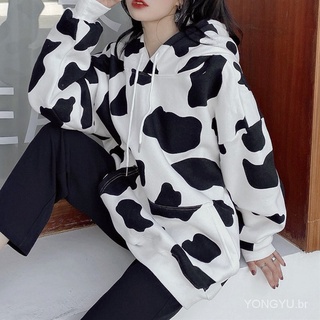 Moletom Feminino Com Capuz De Manga Comprida Com Estampa De Vaca