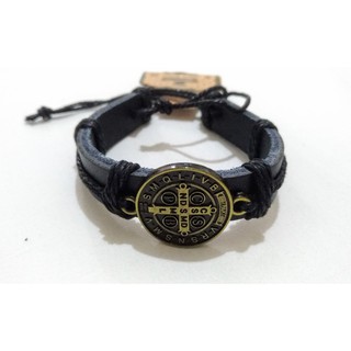 Pulseira bracelete couro Medalha de São Bento ajustável - Dourado envelhecido e prata
