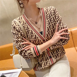 Korean Version of The New Jacket Girls Spring and Autumn Temperament V-neck Shawl Women's F Letter Short Sweater Knitted Cardigan Shirt Button Loose Jacket Women's All-match Clothing
