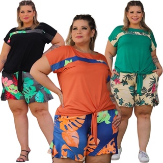 Conjunto Feminino Plus Size Blusa Shorts Amarrar Estampado Gode Soltinho Verao Floral Moda Grande Maior GG G2
