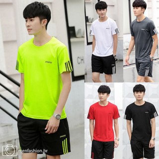 Camiseta de manga curta masculina de verão camiseta esportiva + shorts três listras pattrn elástico respirável farbic M-5XL