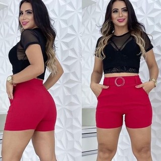 Short Feminino Cintura Alta Shorts curto com Bolso e fivela Moda Verao (8)