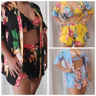 Conjunto Kimono Shorts Cropped Bojo Plus Size Veste G 44/46/48 3 Peças