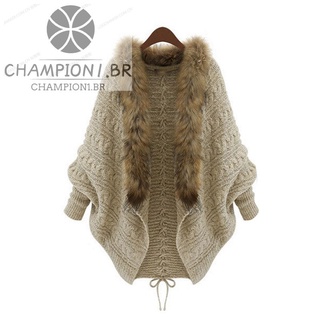 Women's Fashion Winter Wool Thick Cardigan Autumn Knitted Fur Collar Jacket Sweater Doll Sleeve Jacket