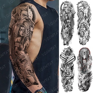 Large Arm Sleeve Tattoo Bear Skull Waterproof Temporary Tatto Sticker God Zeus Poseidon Body Art Full Fake Tatoo