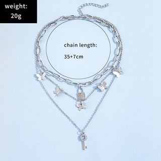 Fashion Crystal Lock Key Pendant Necklace for Women Sweet Butterfly Clavicle Chain Multilayer Necklace Jewelry Accessories (2)