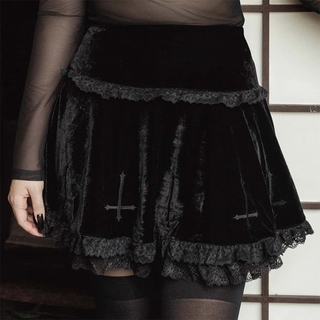 nvzhuang Women Gothic Velvet Black Cross Embroidery Lace Trim Pleated Flared Mini Skirt pleated skirt (5)