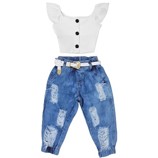 Conjunto infantil cropped e calça jeans jogger destroyed roupa de menina mini diva modinha Blogueira