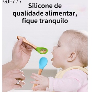 Garfo / Colher Infantil De Silicone De Grau Alimentar Com Cabo De Madeira / Colher Para Suplemento Alimentar / Treinamento De Bebê (1)