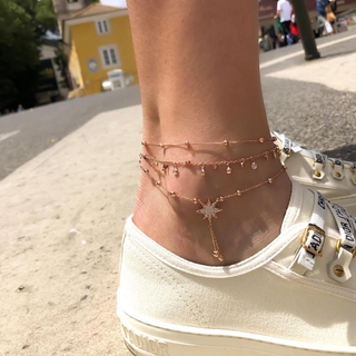 Vintage Multilayer Crystal Pendant Anklet Bohemian Geometric Star Tassel Beach Anklet Summer Fashion Beach Jewelry