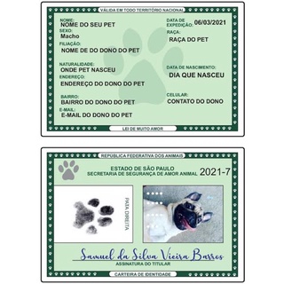 Documento Rg Pet Identidade Pet Cachorro Gato Estimação - Impresso e plastificado