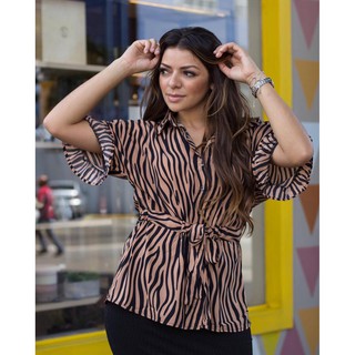 Blusa Feminina Camisa Listrada Estilo Zebra Com Manga Curta Com Cinto (3)