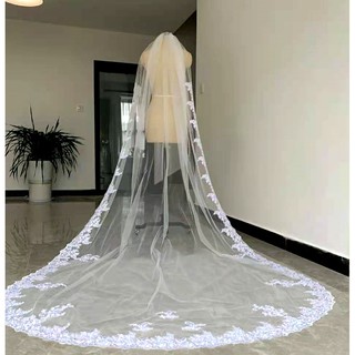 Véu noiva 3 metros bordado em renda com pente tule francês branco & off white