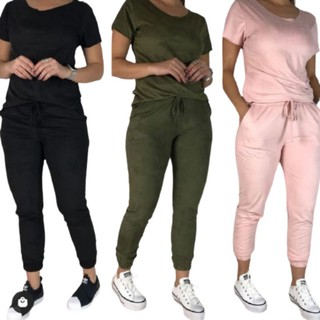 conjunto de suede feminino conjuntinho calça jogguer e t shirt sued malha fria blogueira blusinha + calça