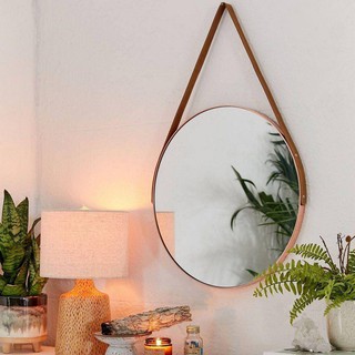 Espelho Redondo Decorativo Com Moldura E Alça De Couro 33cm/20cm