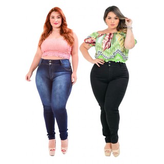 kit 2 calça jeans feminina plus size cintura alta com elastano fashion