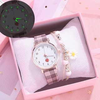 Relógio feminino de couro quartzo relógio infantil luminoso conjunto de pulseiras