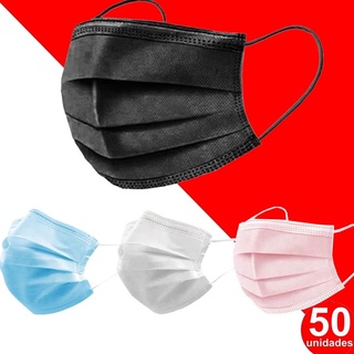 KIT 50 Máscara Mascara Descartável De Proteção Facial Tripla Camada Com Clipe Nasal 50 Unidades