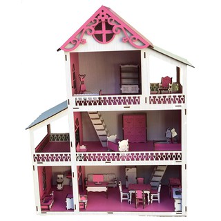 casinha mdf de boneca sem moveis montada branca e rosa (1)