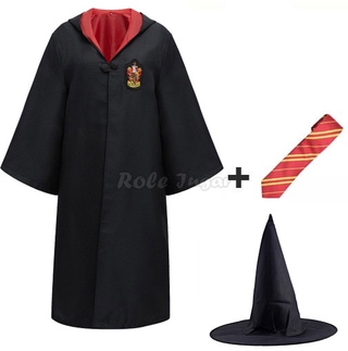 3 Pcs Harry Potter Cosplay Robe Chapéu Gravata Traje De Halloween Gryffindor Hufflepuff Ravenclaw Capa Para Criança Como Adulto