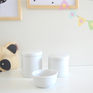 Kit Multiuso Potes Porcelana Molhadeira Bebê Branco Bancada Higiene Cotonete Algodão - Pronta Entrega (1)