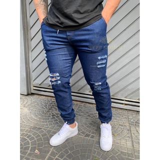 Calça Jeans Destroyed Jogger Masculina Com Punhos de Elástico Estilo Jogador
