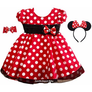 Vestido Infantil Festa Luxo Minnie Vermelha 1-4 Anos E Faixa