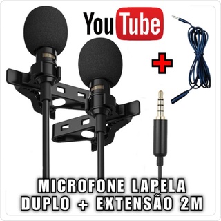 Microfone lapela condensador DUPLO com extensão de 2 metros para celular
