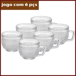Jogo Caneca vidro café com leite Barroco 375 ml com 6 peças