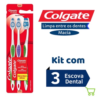 Escova de Dente Adulto Colgate Classic Clean Macia - Embalagem com 3 unidades - Pronta Entrega