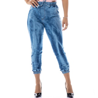 calça jeans feminina jogger azul manchada