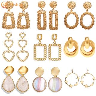 Women Vintage Gold Geometric Earrings Round Heart Hollow Drop Fashion Simple Design Stud Earrings Accessories