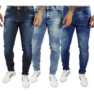 kit 3 calca sarja jeans masculina slim com lycra elastano slim fit