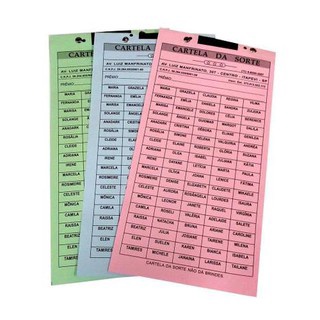 cartelas de rifa com 200 nomes pacote com 10, cores azul branco verde rosa e amarelo.