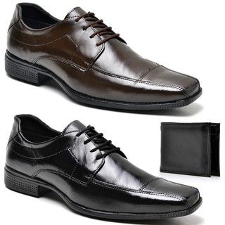 kit 2 pares sapato social masculino de couro legitimo + carteira de couro