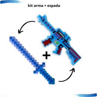 Kit Minecraft Espada Diamante + Arma Metralhadora Com Som e Luz
